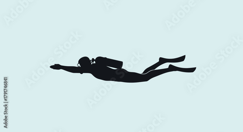 Silhouette of a scuba diver swimming underwater with fins and a tank.