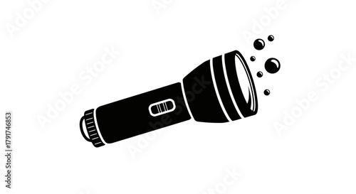 Black and white illustration of a flashlight with a light beam and some bubbles.