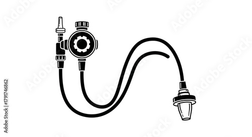 A black and white line art illustration of a gas pressure regulator with hoses and connectors.