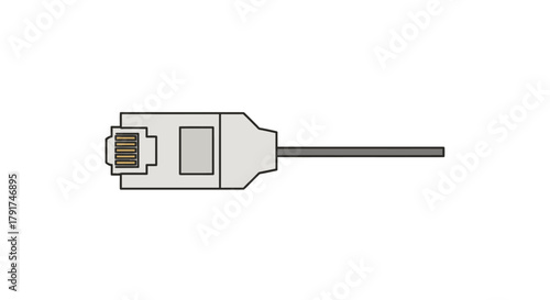 Illustration of a gray RJ45 connector with a cable extending from the right side, isolated on white.