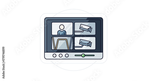 Security system monitor displaying a split-screen view from multiple surveillance cameras.