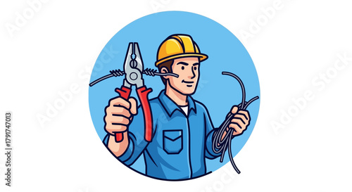 Cartoon illustration of a male electrician wearing a hard hat and holding pliers and electrical wires.