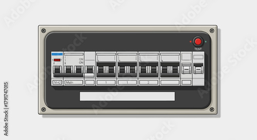 A detailed illustration of a modern electrical breaker box with multiple switches and a red indicator light.