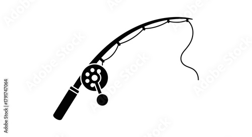 Black and white illustration of a fishing rod with a reel and line.