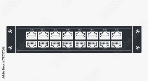 A 16-port network patch panel with RJ45 sockets for ethernet connections, shown in a flat vector illustration style.