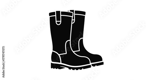 A black and white illustration of a pair of sturdy work boots, designed for protection and durability.
