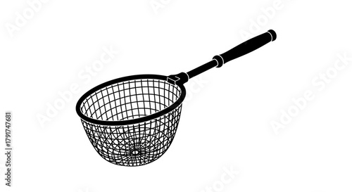 A black and white line art illustration of a wire mesh spider strainer, a kitchen utensil for deep frying, isolated on a white background.