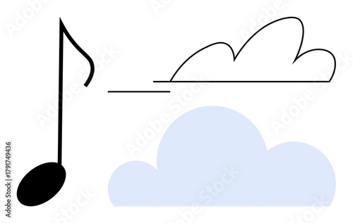 Single musical note ascending with linear and abstract cloud elements blending in minimalist style. Ideal for creativity, music, freedom, inspiration, imagination, serenity, simple flat metaphor