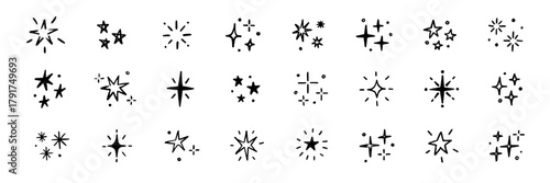 Hand drawn star spark doodle element icon set. Star shape twinkle glitter spark shine crayon grunge brush line icons. Hand drawn sketch doodle style. Light decoration background vector illustration