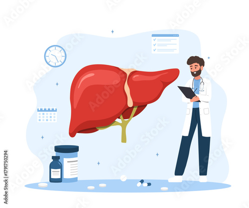 Liver cirrhosis diagnosis by male doctor in cartoon style. Hepatologist examining patient for treatment or hepatitis. Medical flat vector illustration with symptoms.