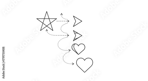 A minimalist line art illustration depicts a star transforming through geometric arrows into a heart, symbolizing evolution, progress, and design.