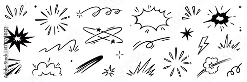 Comic cartoon line explosive effect, speed burst motion element set. Comic boom burst, explosive smoke, line speed cartoon element icon. Hand drawn sketch action boom effect. Vector illustration