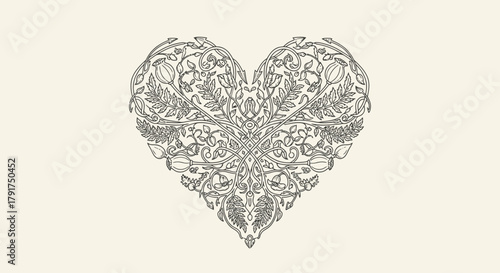 This beautifully detailed heart illustration, crafted from delicate botanical patterns and classic scrollwork, evokes a timeless, romantic aesthetic.