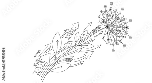 A dynamic conceptual illustration showcasing the intricate flow of information and growth from various digital channels towards a central interconnected network.