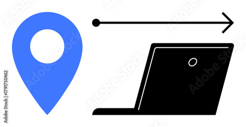 Blue location pin, directional arrow, black laptop indicating online navigation, remote work, connectivity, digital map, distance learning, e-commerce digital transformation. Ideal