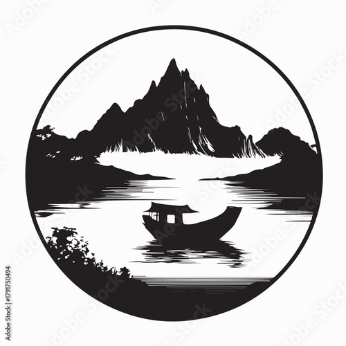 Tranquil Lake Scene with Boat and Mountains Silhouette Vector