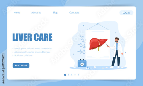 Liver care concept. Landing page template. Diagnosis, therapy options and care for hepatitis, cirrhosis or liver cancer. Vector illustration in flat cartoon style.