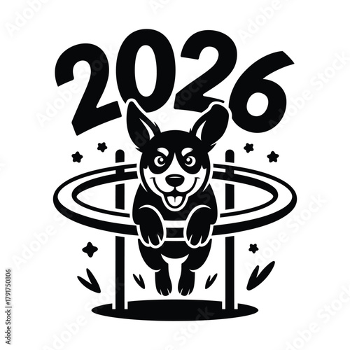 New year 2026 dog agility jump celebration vector graphic art