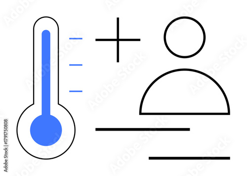 Thermometer with blue fluid and human figure outline with simple lines. Ideal for health, medical analysis, environment, personal wellbeing, temperature tracking, climate, minimalistic flat metaphor