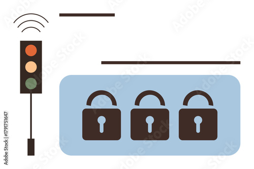 Traffic light emitting wireless signal alongside three padlocks representing secure data transmission, controlled access, and privacy. Ideal for cybersecurity, communication, access control, privacy
