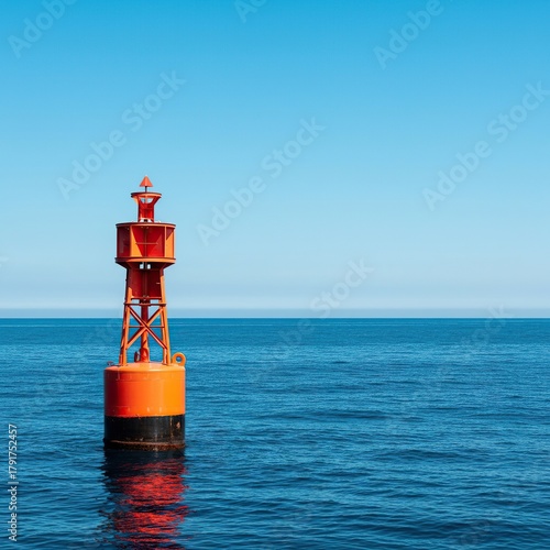 A vibrant maritime buoy floats steadfastly on the vast, deep blue ocean, marking a safe passage point under clear skies ,summer ,weather ,nature