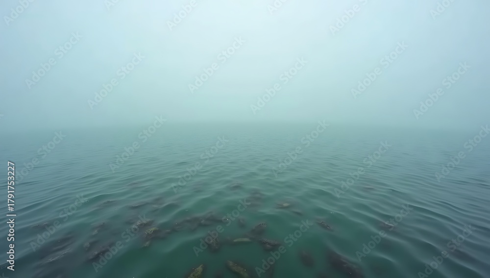 Obraz premium A murky, lifeless expanse of ocean water symbolizing an expanding ocean dead zone devoid of oxygen and marine life due to pollution and warming seas. 