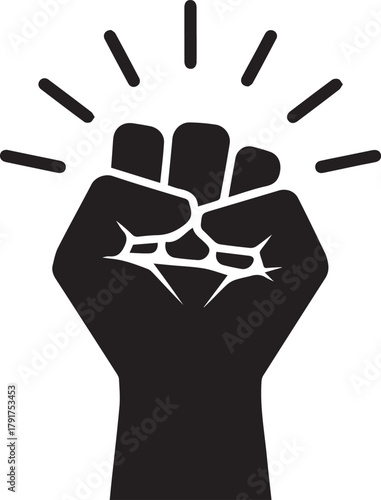 Raised clenched fist vector icon symbolizing strength, power, protest, revolution, and determination on white background