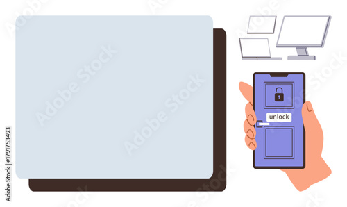 Smartphone unlocking a monitor and computer displays. Ideal for security, technology, access, connection, mobility, authentication, and innovation themes. Simple flat metaphor