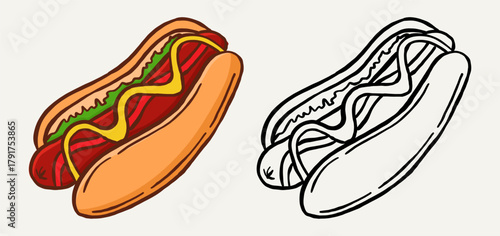 colorful hotdog drawing with outline variation in doodle style. Great for food icons, menu design, cafe branding, and creative print project