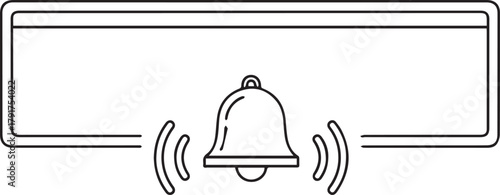 Outline vector icon of a ringing alarm bell and blank digital screen banner for new notifications