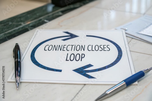 White sign showing blue arrow diagram with Connection Closes Loop text
