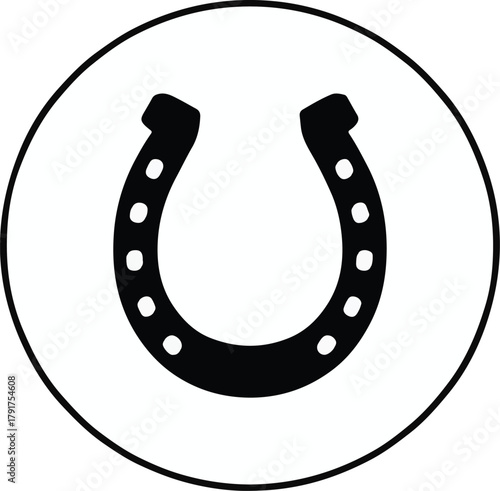 Classic black horseshoe vector icon representing luck and good fortune within a white circle design