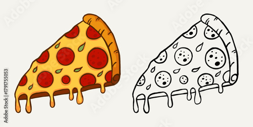 Colorful and black and white line art illustration of a pizza slice with melted cheese and pepperoni. Hand drawn vector design perfect for menu, poster, coloring page