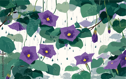 Ilustracja wektorowa kwitnących fioletowych kwiatów i zielonych liści w deszczu.