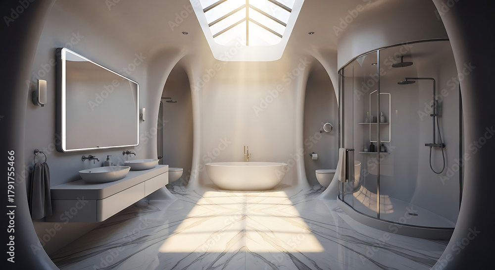Obraz premium Luxurious modern bathroom with a bathtub, shower, and double vanity, featuring natural light and elegant design