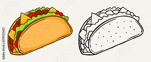 Delicious taco line art vector illustration with coloring. Fun and tasty Mexican food design for poster, menu, and print