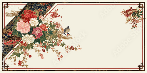 Wektorowy motyw kwiatowy z motylem w stylu wschodnim, idealny na zaproszenia i kartki.