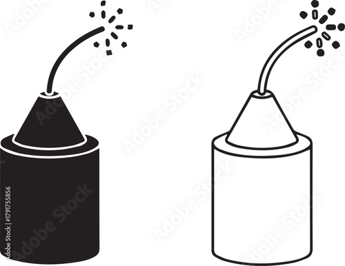 Lit bomb explosive device icon with sparking fuse in vector black and white graphic design