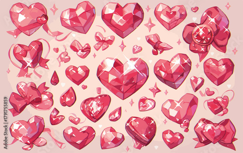 Kolekcja błyszczących, różowych serc i kokardek wykonanych z kryształów i klejnotów.