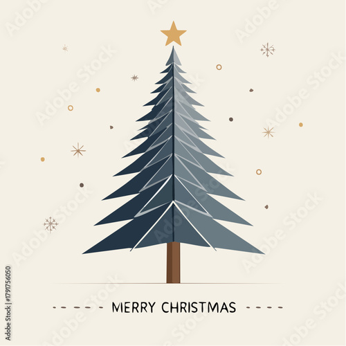 Festive geometric Christmas tree with star on top, surrounded by minimalist snowflake and star elements, creating a stylish and modern holiday greeting