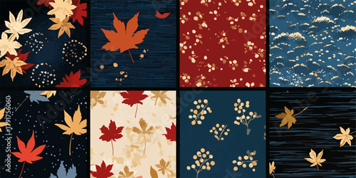 Wzory liści klonu i kwiatów w japońskim stylu, jesienne tło wektorowe