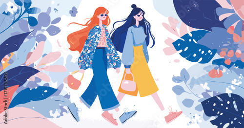 Dwie młode kobiety spacerujące wśród kolorowych liści i kwiatów w stylu ilustracji wektorowej.