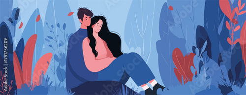 Para zakochanych w przytulnej, stylizowanej scenerii leśnej z abstrakcyjnymi roślinami.