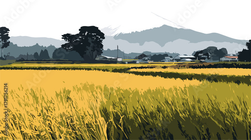 Wektorowa ilustracja japońskiego krajobrazu z polem ryżowym i górą Fudżi w tle.