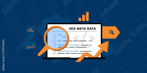 SEO meta tag optimization concept. Website header metadata structure, search engine ranking improvement. Meta data content visibility enhancement for seo digital marketing performance illustration