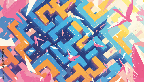 Abstrakcyjny, kolorowy labirynt z latającymi ptakami i płatkami, geometryczny wzór wektorowy.