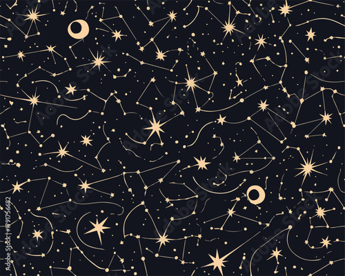 Wzorzyste tło z konstelacjami gwiazd, księżycem i planetami na nocnym niebie, wektor.