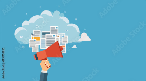 Ręka trzymająca megafon emitujący dokumenty i chmury danych, koncepcja komunikacji i technologii