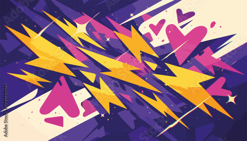 Dynamiczne uderzenia błyskawic i serca w stylu graffiti na fioletowym tle, abstrakcyjny wektor
