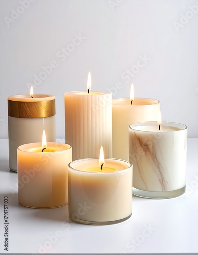 Wallpaper Mural A serene collection of lit cylindrical candles with various textures on a bright white surface against a white wall Torontodigital.ca